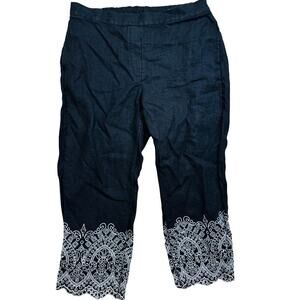Chico's Pull On Embroidery Linen Crop Pants Black White Size 2 or U.S. 12 Resort